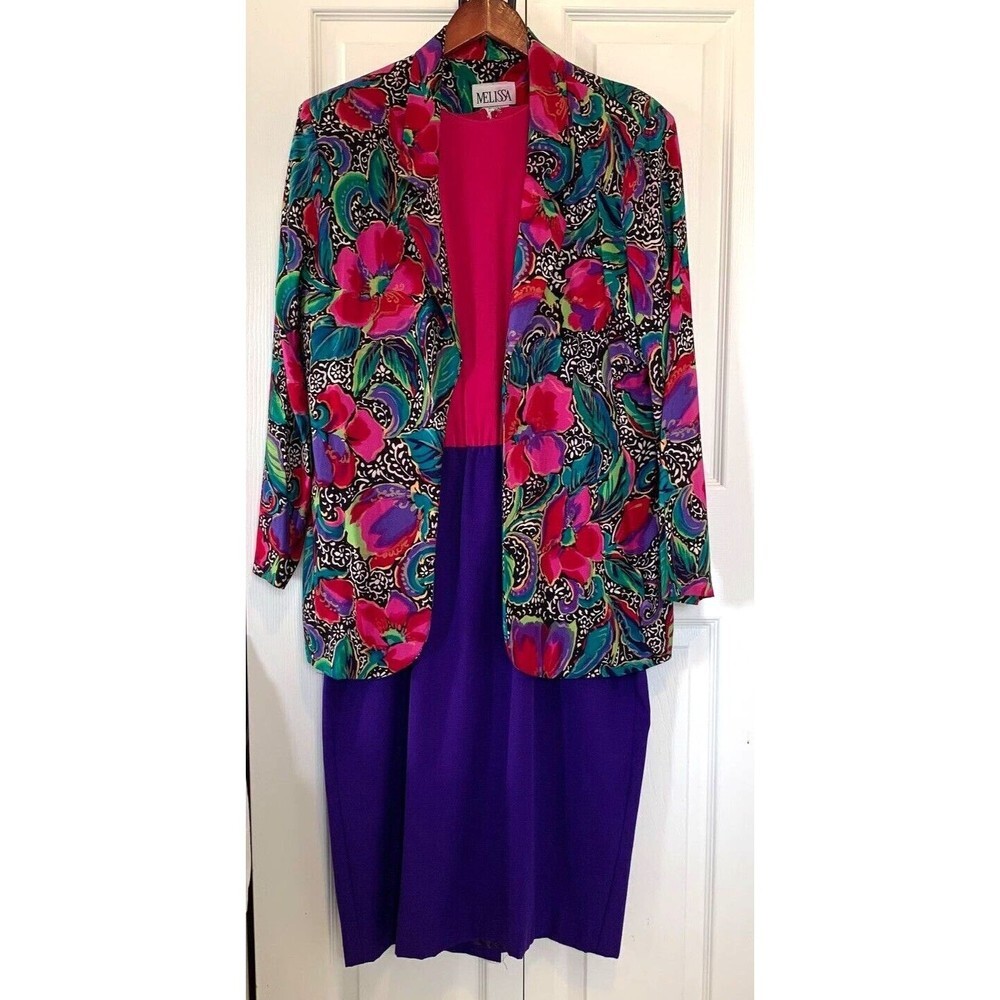 Melissa Vintage 3 Piece Suit Dress Multicolor Floral Belted USA Y2K 90s